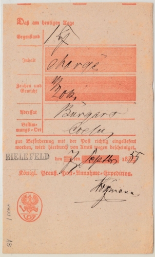 Preussen - Bielefeld (1835), L1 a. Postaufgabeschein f. Chargebrief n. Cöln