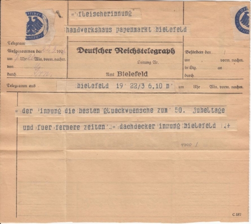 DR - Bielefeld 1926/Deutscher Reichstelegraph, Ortstelegramm Dachdecker-Innung