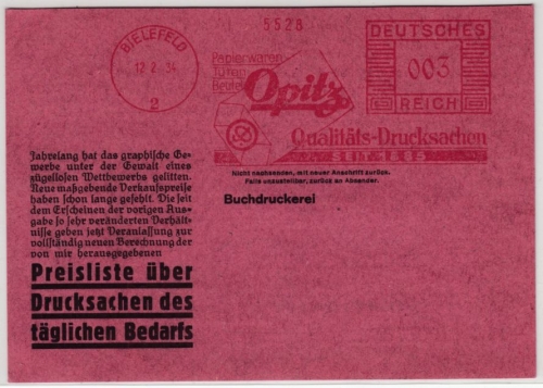 DR - 3 Pfg. AFS "Opitz - Druck", Drucksachenkarte Bielefeld 2 - 1934, ungelaufen