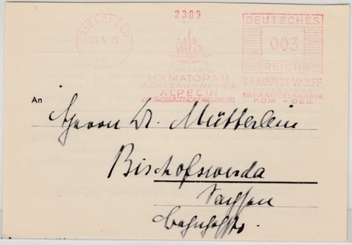 DR - 3 Pfg. AFS "Dr. Wolff" (Pharma), Drucksachenkarte n. Bischofswerda 1934
