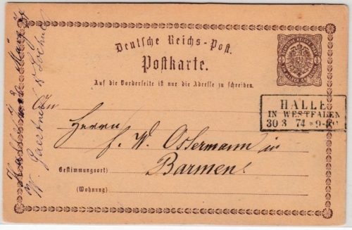 DR - Halle in Westfalen 1874, Ra2 a. 1/2 Gr. Brustschild GA-Karte n. Barmen