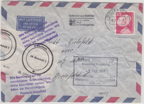 BRD - 50 Pfg. I&T, Ortsbrief Bielefeld 1977, masch. beschädigt/Hinweisstempel !!