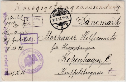 DR - Gütersloh 1917, Kriegsgefangenenbrief n. DÄNEMARK, Lagerzensur