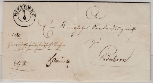 Preussen - Rietberg 7/4 (1842), K2 a. Dienstbrief/Justizsache n. Paderborn