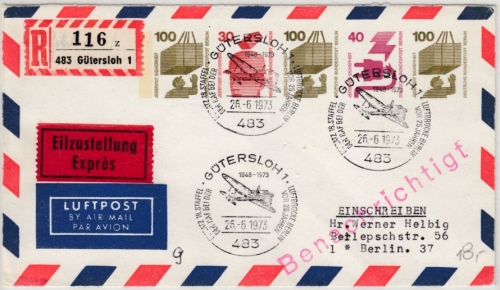 Berlin - 100+30+100+40+100 Pfg. UV, Privat-GA-Umschlag/Lupo-Eil-R-Brief + SST