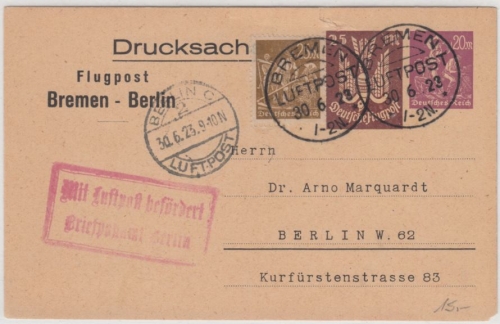 DR-Infla - 20+25 M. Flugpost-Drucks.-GA-Karte KOS Bremen-Luftpost 1923