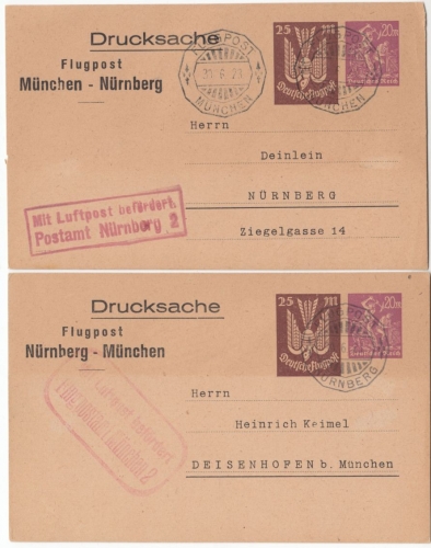 DR-Infla - 20+25 M. Flugpost-Drucks.-GA-Karte München-Nürnberg u. Nürnberg -