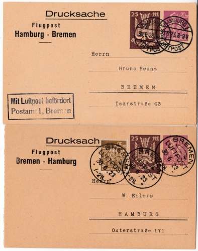 DR-Infla - 20+25 M. Flugpost-Drucks.-GA-Karte Bremen-Hamburg, Hamburg-Bremen