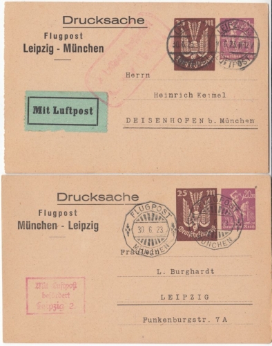 DR-Infla - 20+25 M. Flugpost-Drucks.-GA-Karte München-Leipzig, Leipzig-München