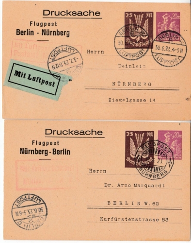 DR-Infla - 20+25 M. Flugpost-Drucks.-GA-Karte Berlin-Nürnberg, Nürnberg-Berlin