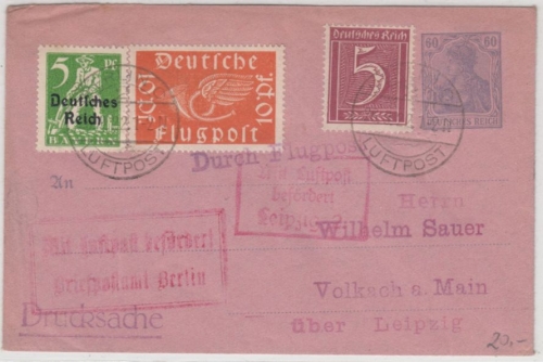 DR - 60 Pfg. Germania, Rohrpost-GA-Umschlag+Zusatz, Lupo-Drucks. Berlin 1922 n.