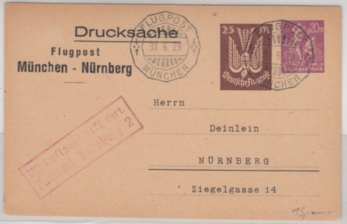 DR-Infla - 20+25 M. Flugpost-Drucks.-GA-Karte München - Nürnberg 1923