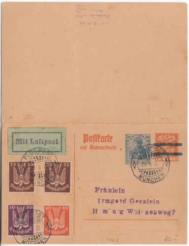 DR-Infla - 30 a. 10 Pfg. Germania, Antwort-GA-Karte+Zusatz, Lupo-Karte 1922