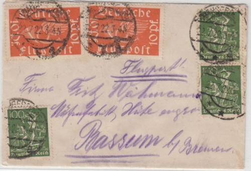 DR-Infla - 2x10 Pfg. Flugpost u.a., Luftpostbrief Wangerooge - Bassum 1922
