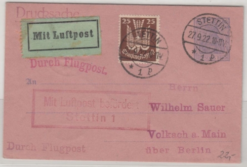 DR-Infla - 60 Pfg. Germania, Rohrpost-GA-Umschlag, Lupo-Drucksache Stettin 1922