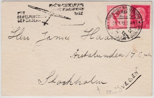 DR - "Mit Segelflugzeug befördert", Nebenstpl. a.Karte n. SCHWEDEN, Gerfeld 1932