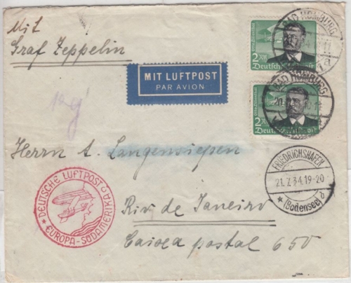 DR - 2x2 RM Lilienthal, Zeppelinbrief n. BRASILIEN, Bad Homburg 1934 über