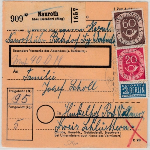 BRD - Nauroth ü. Betzdorf (Sieg), Poststelle I, Wertpaketkarte n. Vollmerz 1952
