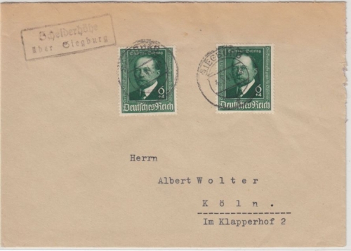 DR - Scheiderhöhe ü. Siegburg, Landpost-Ra2 a. Brief 1941 m. 2x6 Pfg. Behring n.