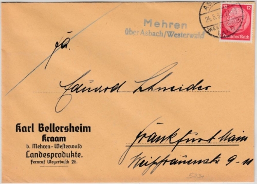 DR - Mehren ü. Asbach/Westerwald, Landpost-L2 a. Brief n. Frankfurt a.M. 1939