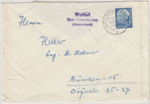 BRD - Woldert ü. Altenkirchen (Westerwald), Landpost-L2 a. Brief n. München 1959
