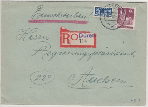 Bizone - 60 Pfg. Bauten, Einschreibebrief Düren - Aachen 1950, ohne Inhalt
