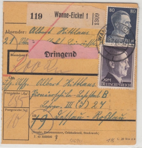 DR - 2 RM AH u.a., Dringend-Wertpaletkarte Wanne-Eickel - Dessau 1944