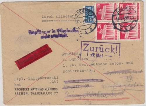 Bizone - 4x20 Pfg. Bauten, Eilbrief Aachen - Wiesbaden 1949, Retourvermerk