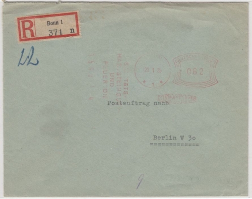 DR - Bonn 1935, 62 Pfg. AFS "Keramag", R-Postauftrag n. Berlin, ohne Inhalt