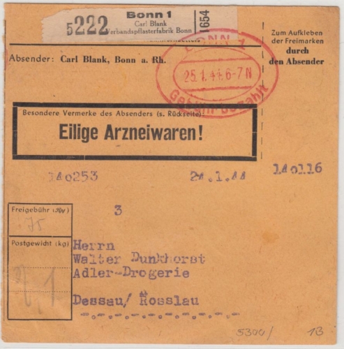 DR - Bonn 1944, Gebühr bezahlt, Paketkarte/Selbstbucher n. Dessau