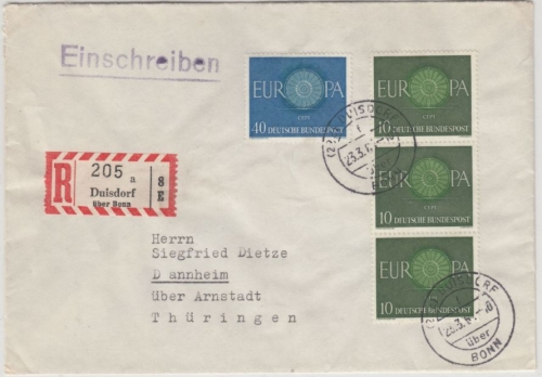 BRD - Duisdorf ü. Bonn, Poststelle I, Einschreibebrief n. Dannheim ü. Arnstadt