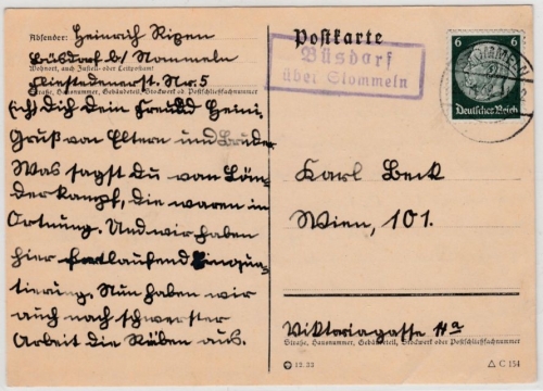 DR - Büsdorf ü. Stommeln, Landpost-Ra2 a. Karte n. Wien 1939