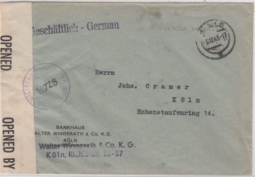 All.Bes. - Köln 6, 5.12.45, Gebühr bezahlt, Schreibmasch.-L1 a. Ortszensurbrief