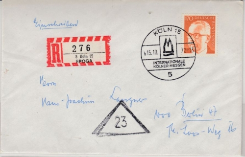 BRD - Köln 15 SPOGA, SST + Sonder-R-Zettel a. Einschreibebrief n. Berlin 1972