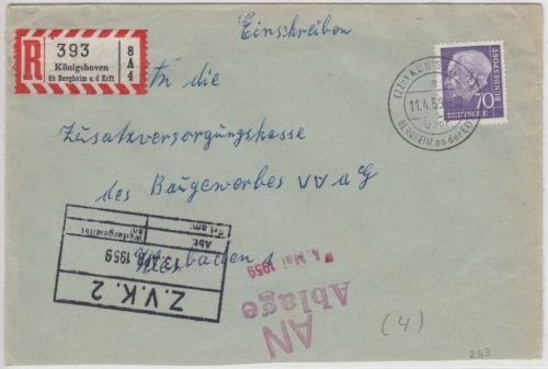 BRD - 70 Pfg. Heuss II, Einschreibebrief Königshoven ü. Bergheim a.d.Erft 1959