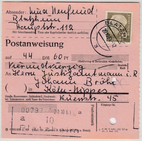 BRD - 50 Pfg. Heuss II, Postanweisung Blatzheim - Köln-Nippes 1961