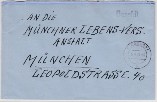 All.Bes. - Siegsdorf 5.9.45, Bezahlt L1 a. Brief n. München, ohne Inhalt