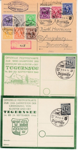 All.Bes./Bizone - 1200 J. Tegernsee, SST a. Einschreibe- u. 2 Sonderkarten 1946