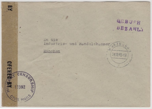 All.Bes. - Würzburg 3, 24.10.45, Gebühr bezahlt L2 a. Zensurbrief n. München