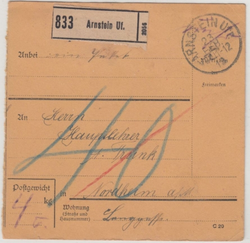 Bayern - Arnstein 1919, unfreie Paketkarte n. Nordheim, 40 Pfg. Nachporto