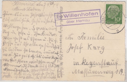 BRD - (13a) Willenhofen ü. Hemau, Landpost-Ra2 a. Karte n. Regenstauf 1954