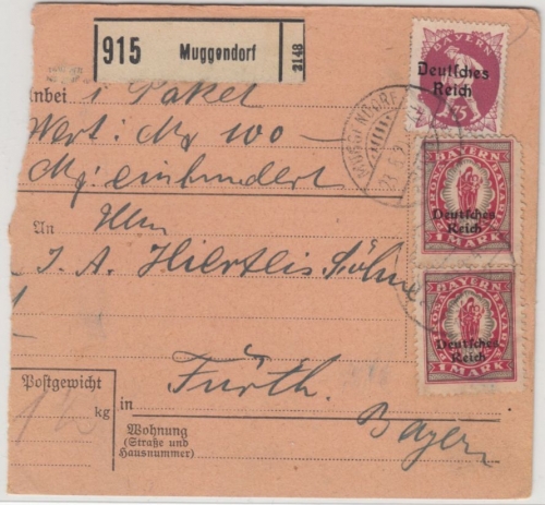 DR-Infla - 2x1M.+75 Pfg. By-Abschied/DR, Wertpaketkarte Muggendorf - Fürth 1920