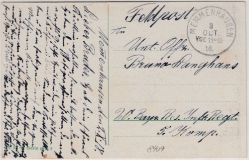 Bayern - Memmenhausen 1918, K1 a. Feldpostkarte a.d. 20. Bayer. Res.Inf.Rgt.