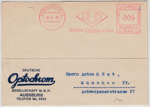 DR - Augsburg 5 - 1938, 6 Pfg. AFS "Optochrom", Firmenkarte n. München