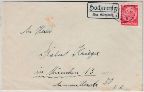 DR - Hochwang ü. Günzburg, Landpost-Ra2 a. Brief n. München 1937
