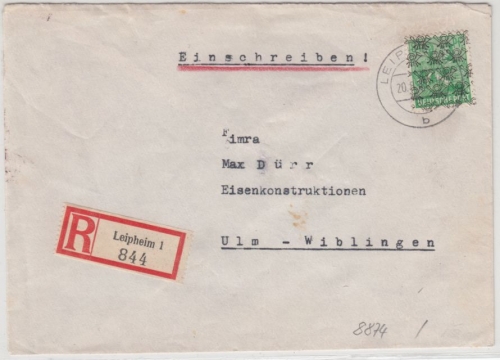 Bizone - 84 Pfg.Arbeiter/Netz, Einschreibebrief Leipheim - Ulm 1948, ohne Inhalt