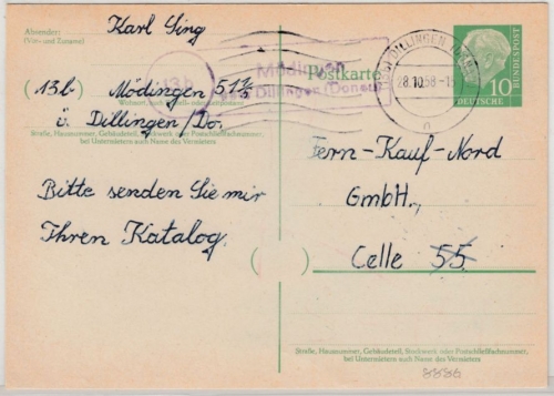 BRD - (13b) Mödingen ü. Dillingen, Landpost-Ra2 a. 10 Pfg. GA-Karte n.Celle 1958