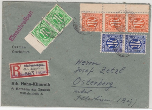 AM-Post - 2x25 Pfg. amerik. Druck u.a., Einschreibebrief Hofheim (Taunus) 1946