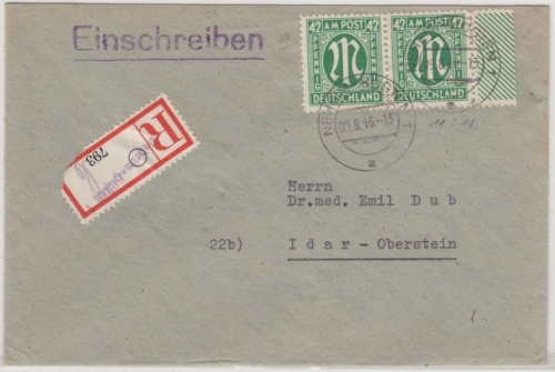 AM-Post - 42 Pfg., waagr. Paar/Bogenrand, Einschreibebrief Neheim-Hüsten 1946 n.