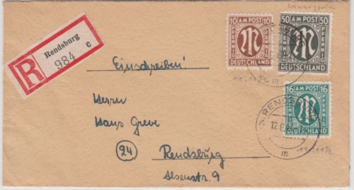 AM-Post - 50+16+10 Pfg. dt. Druck, Orts-Einschreibebrief Rendsburg 1946